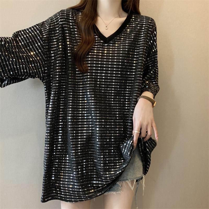 Large Size T-shirt Loose Comfortable  Ing Shirt Loose Versatile Casual T-shirt V-neck Short-sleeved Tops Female