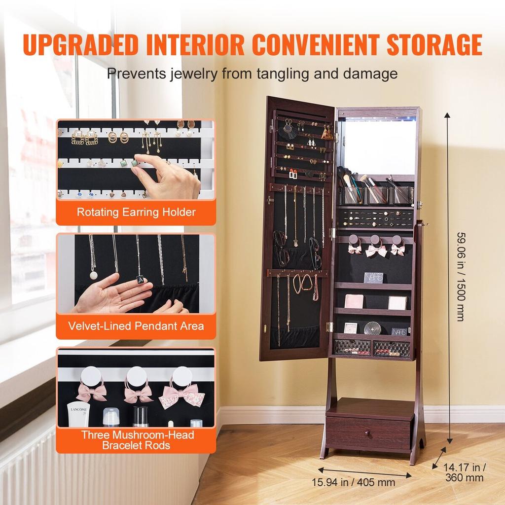 Mirror Jewelry Cabinet Standing Mirror with Storage Full Length Brown