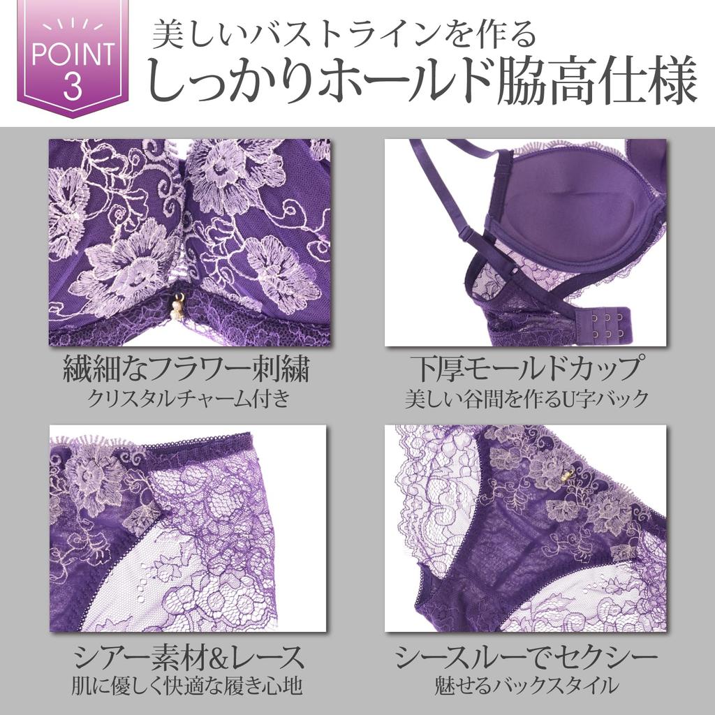 RAVIR Underwear Bra and Panty Eyelash Classic C75 Women's Set, Lace, See-Through, Embroidered, Black, (Panties L)