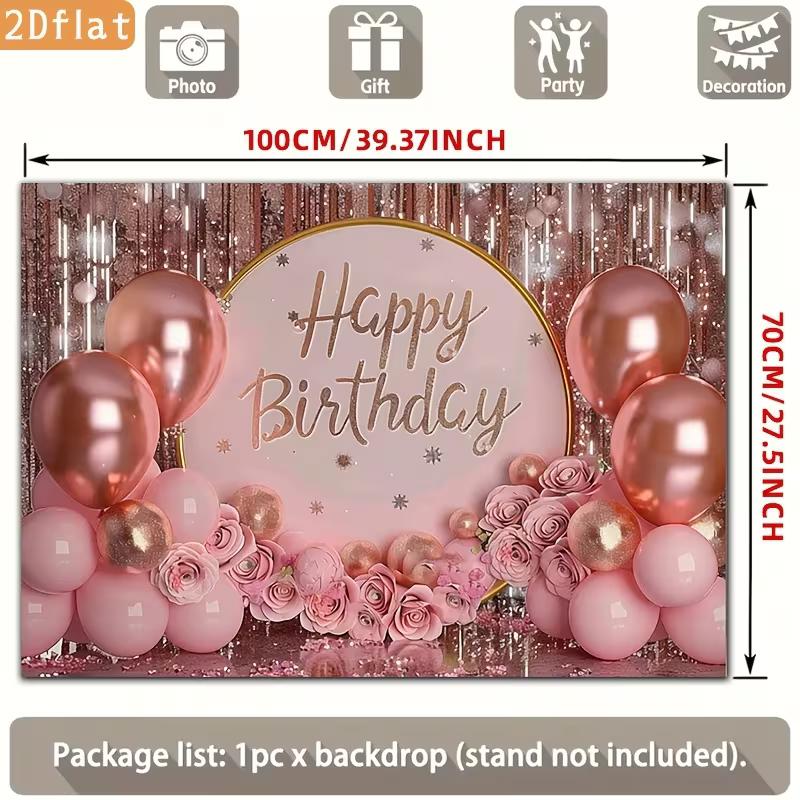 2D Pink Rose Gold Birthday Backdrop, Glitter Balloon & Floral Party Photography Background