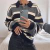 2026 Autumn/Winter Loose Striped Long Sleeve Color Block Sweater with Lapel