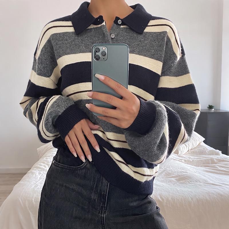 2026 Autumn/Winter Loose Striped Long Sleeve Color Block Sweater with Lapel