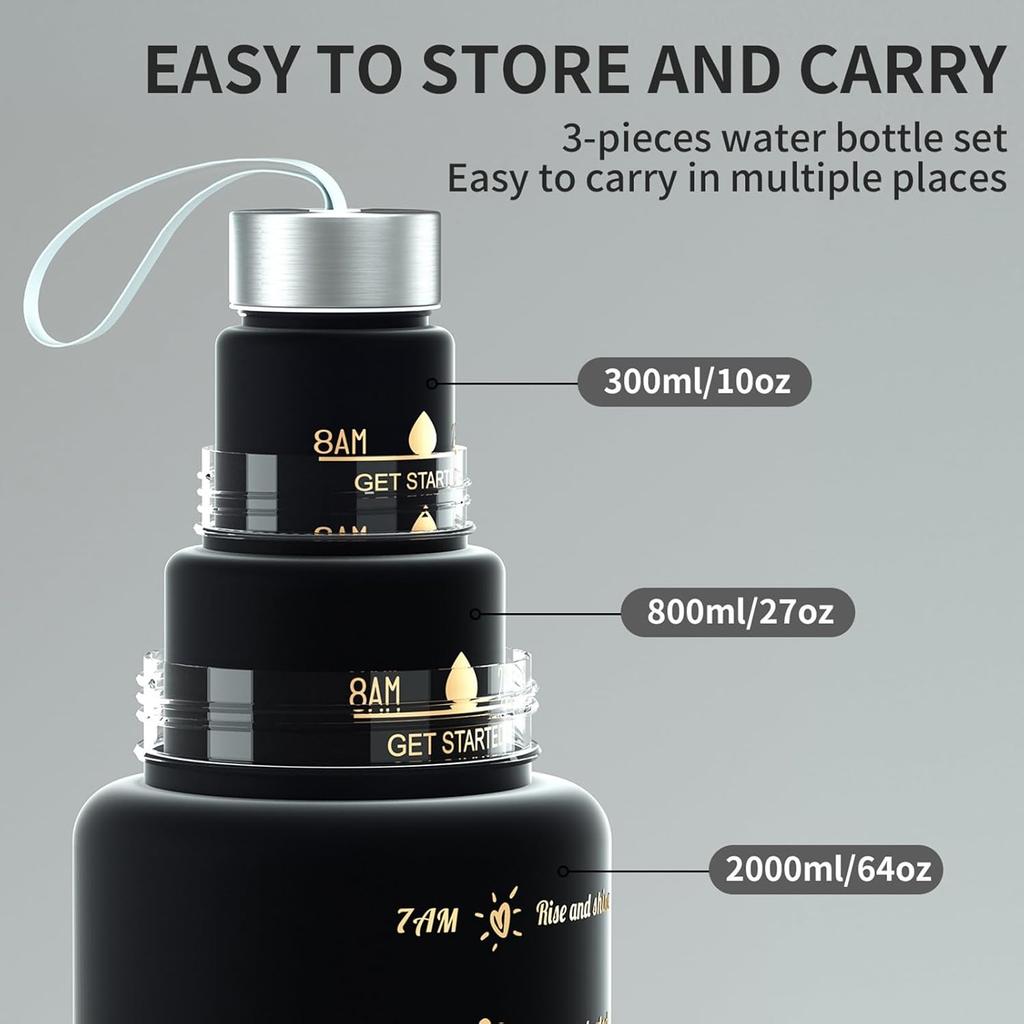 3Pcs Set Sports Water Bottles with Straw 9oz/25oz/64oz BPA-Free Durable and Leakproof Cups with Time Marker for Gym Travel Home