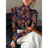 Women's Printed Cheongsam Collar Slim-fit Long-sleeved T-shirt, Elegant Spring and Autumn Women's Top