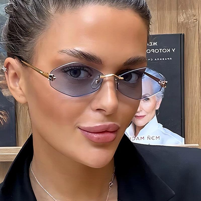Vintage Rimless Rhombus Sunglasses Women For Men Luxury Brand Designer Popular Punk Hip Hop Metal Leopard Head Sun Glasses UV400