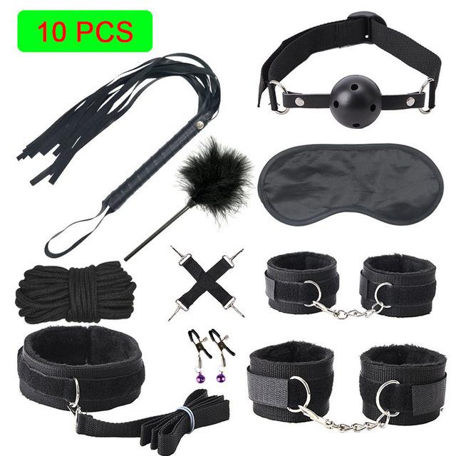 Sexy Leather BDSM Kits Plush Sex Bondage Set Handcuffs Sex Games Whip Gag Nipple Clamps Sex Toys For Couples Exotic