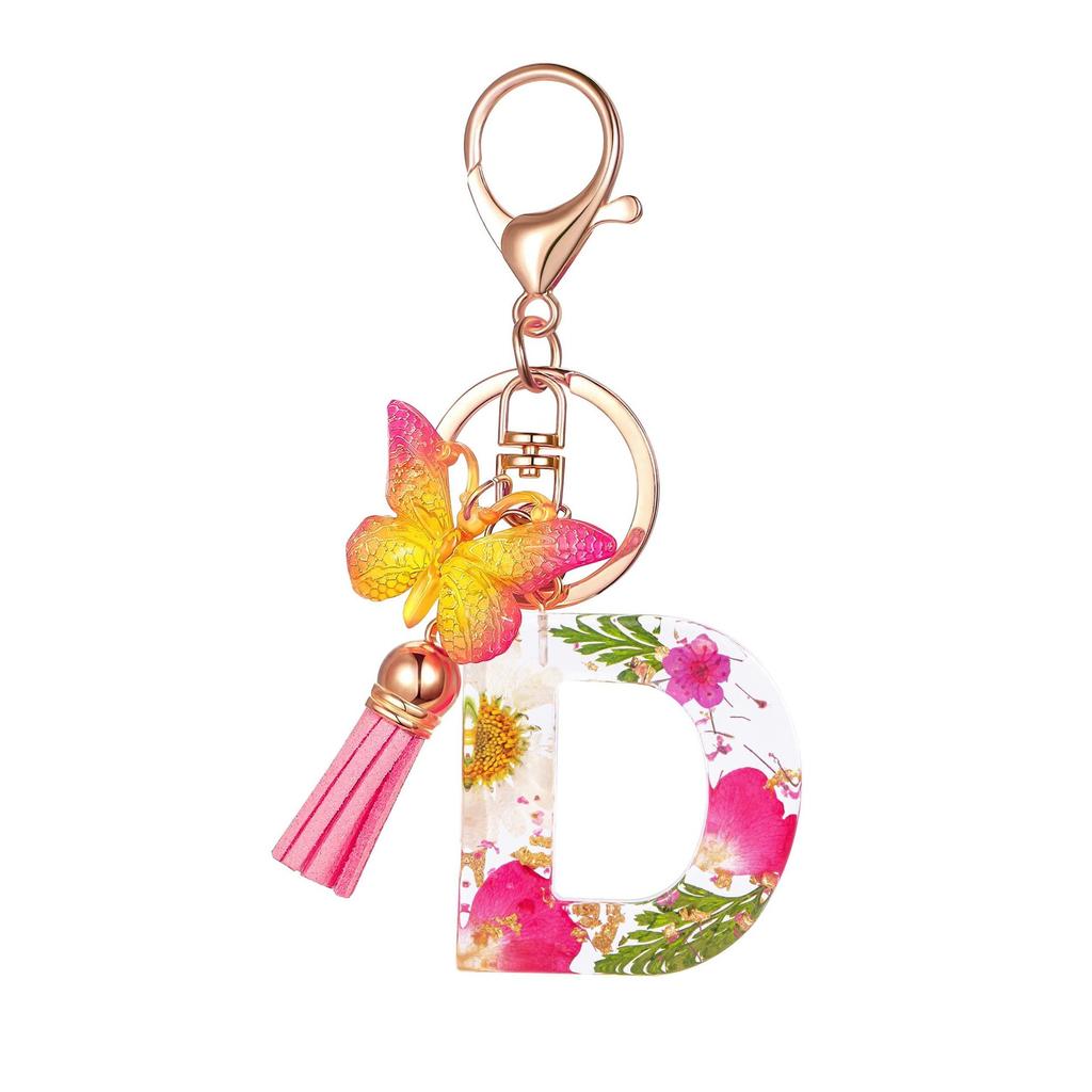 Flower Resin Keychain With Tassels And Butterfly Design 26 Letters Pendant Classic Retro Practical Durable Backpack Hanging Accessory