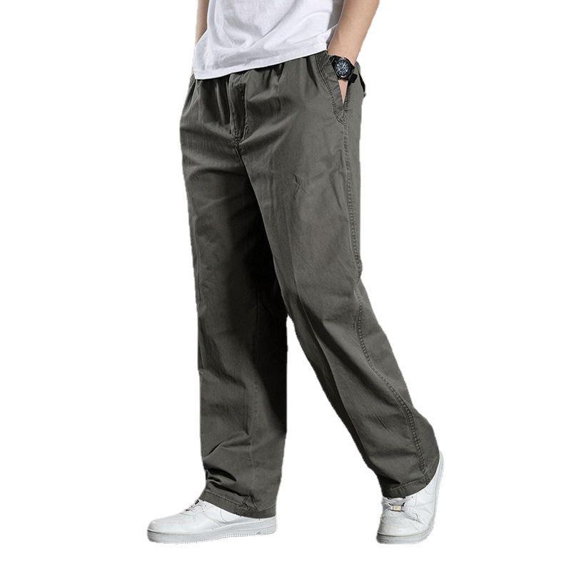 Men's Plus Size Casual Cargo Pants, Spring/Autumn, Cotton, Elastic Waist, Loose Fit, Straight Leg, Middle-Aged Style