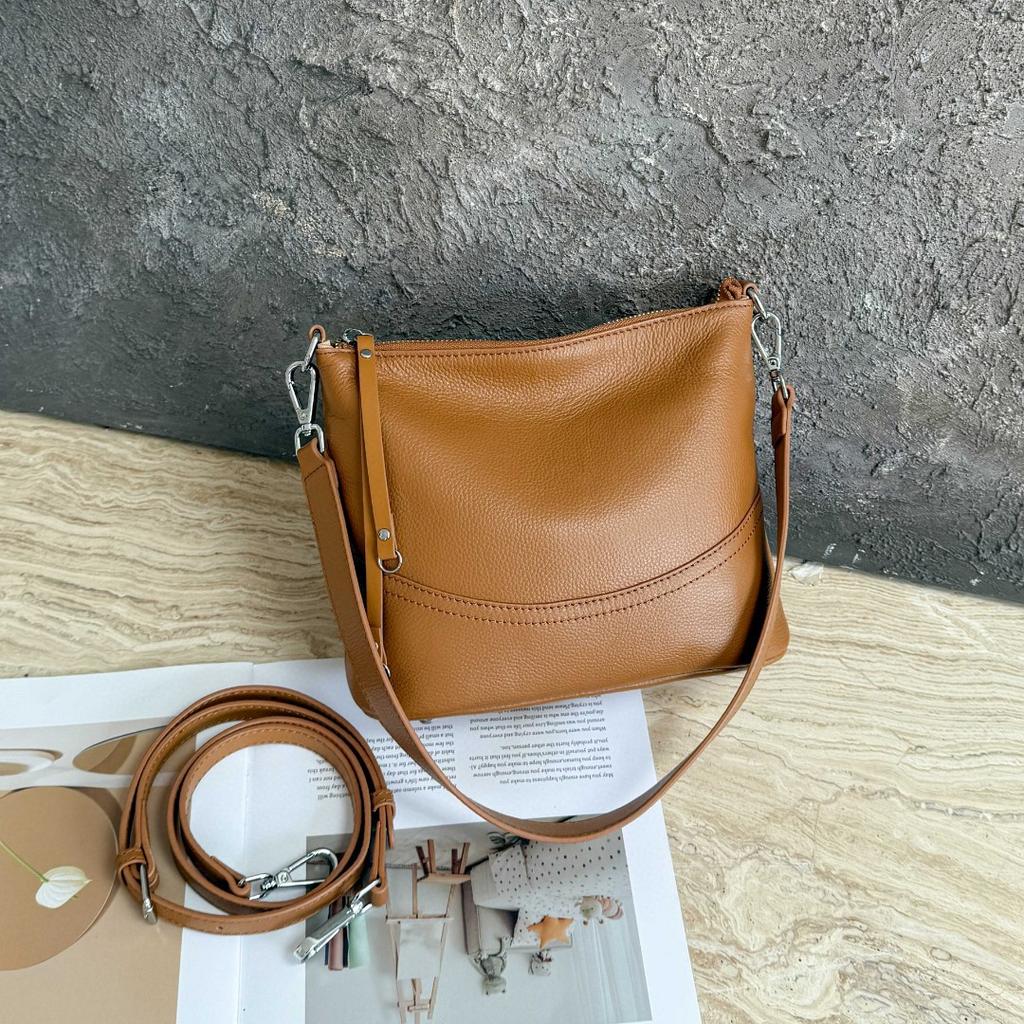 Women's Natural Cowhide Leather Crossbody Bag Two Straps- Cvertible Shoulder Purse for Effortless Commuting Minimalist Tote