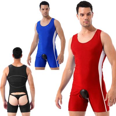 Mens Open Crotch Jumpsuit Color Block Design U Neck Sleeveless Bodysuit One Piece Nightwear Loungewear