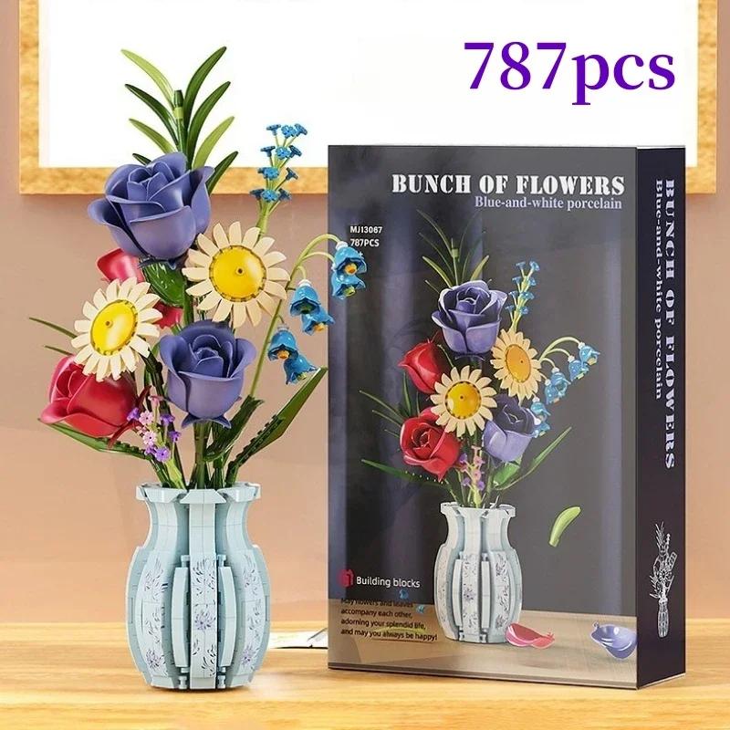 Creative Rose Building Blocks Set Model Flower Pot Decorative Bouquet Model DIY Toys For Kids Valentine's Girl Holiday Gifts