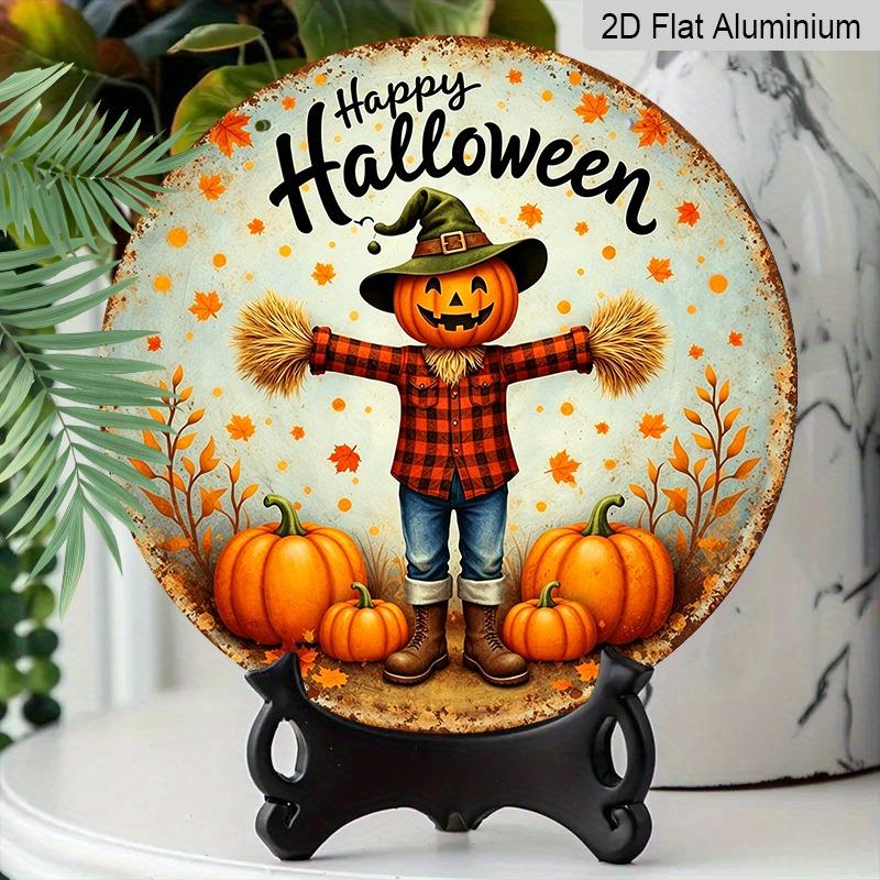 2D Flat Aluminum Decorative Plaques and Ornaments Sign, Halloween Sign with Plaid Pumpkin Scarecrow, Distressed Rustic Wall Hanging Decor, Front Door