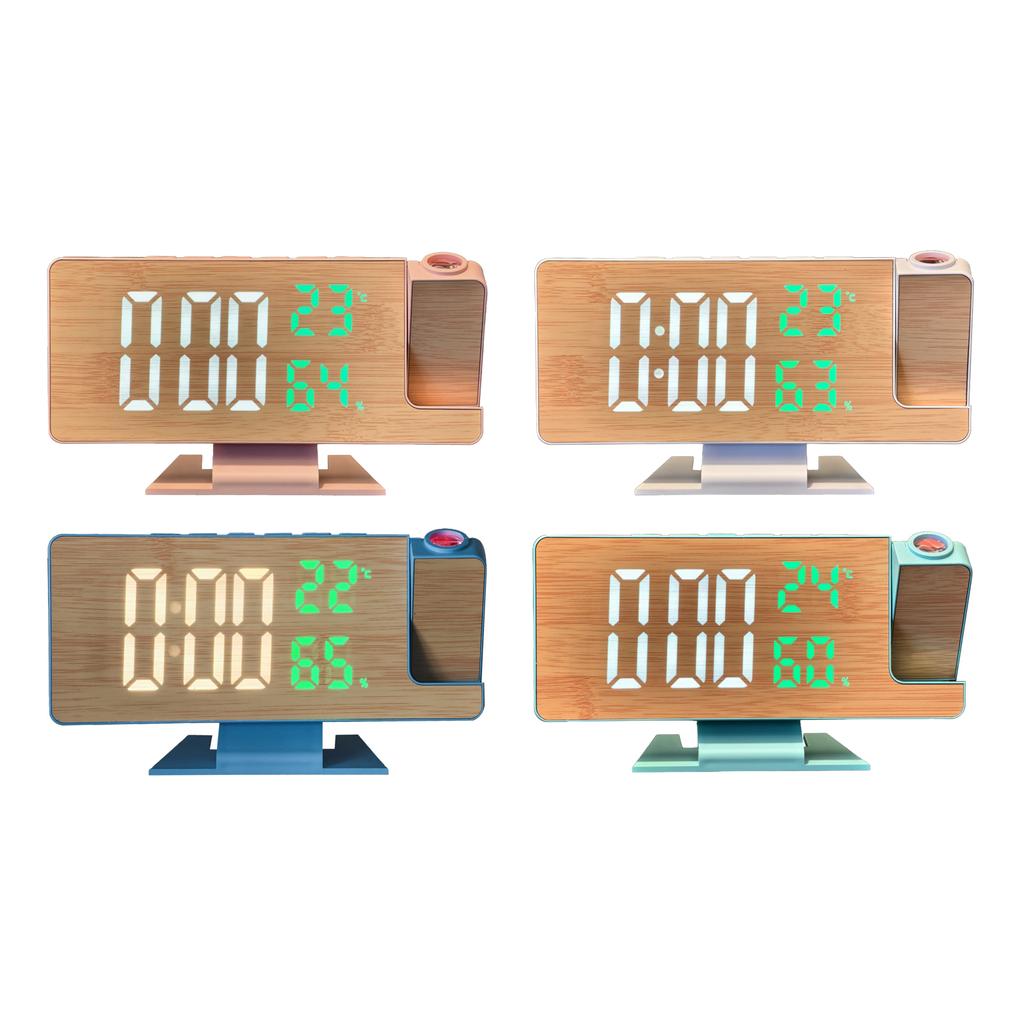 Large Display Wood Pattern LED Alarm Clock with Rotating Projectors And Temperature Humidity Display Snooze Function