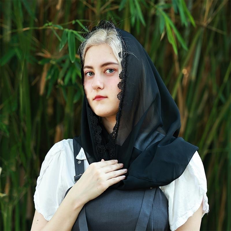 Stylish Black Chiffon Lace Wrap Elegant Women Headscarf Breathable Soft Scarf for Casual Outfits