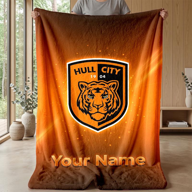 Coperta di Flanella con Testo Nome Personalizzato Hull City Logo Calcio Plaid in Pile Personalizzato Regalo Speciale per Divano Camera da Letto Casa