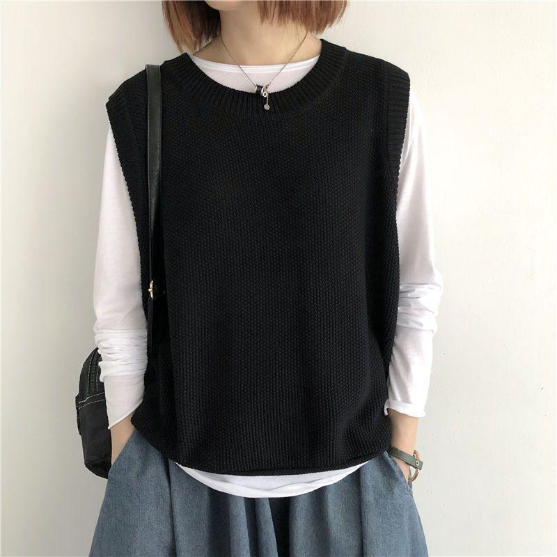 Women's Plus-Size Loose Knitted Vest Outer-Wear for Autumn and Winter Retro Versatile Crew Neck Pullover Sweater Gilet Cardigan