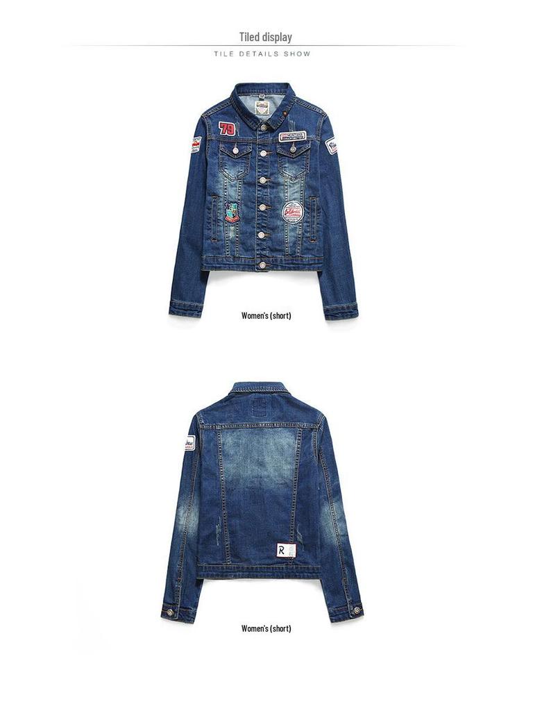 Unisex Embroidered Denim Jacket - Spring/Autumn, Loose Fit, Plus Size, Trendy Couple & Student Style