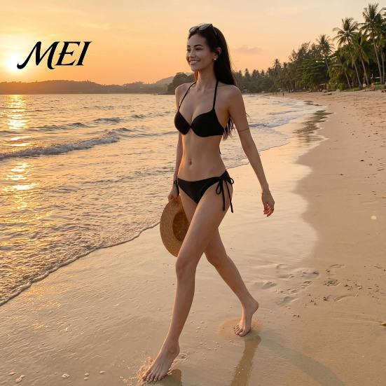 Sexy Bathing Suit Women Solid Color Bikini Set, Summer Two Piece Swimsuit, Halter Tie Underwire Top Slimming Beachwear & High Cut Bottom, for