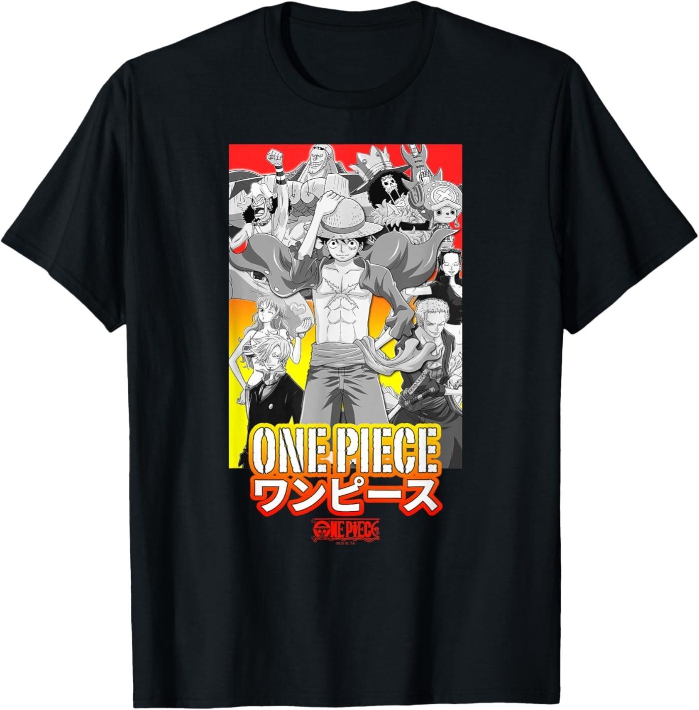 Футболка с коллажем персонажей аниме One Piece и трафаретным логотипом L