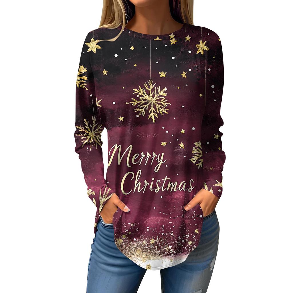 Women's Loose Round Neck Christmas Print Long Sleeve T-Shirt Top Pullover