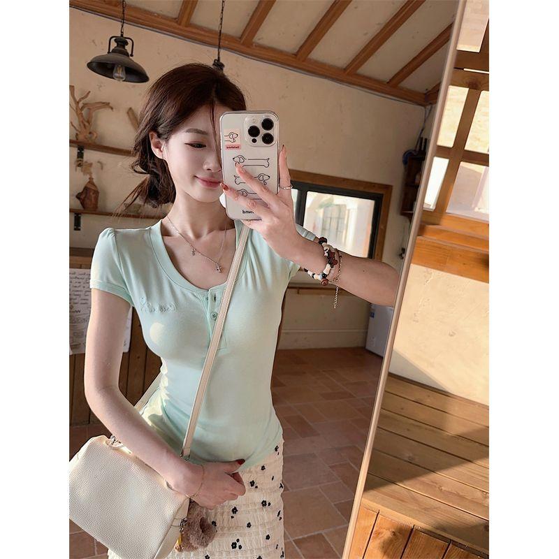 Kumikumi French style Gentle Set Slim fit Slimming Short sleeve T-shirt Women clothes Summer High Waist Hip Skirt Two-piece Set