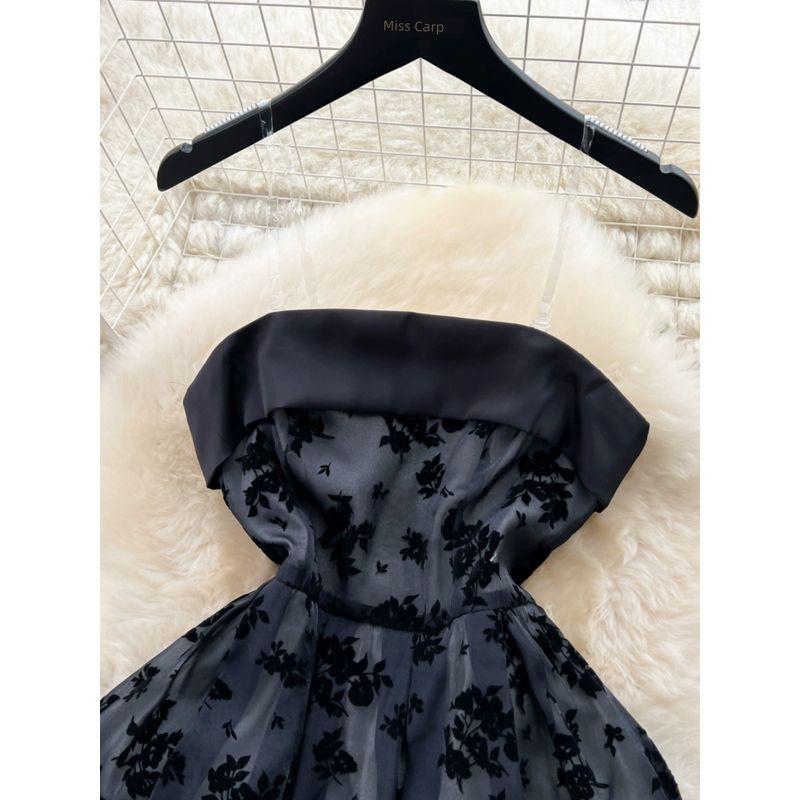 Retro Hepburn Style Mesh Slip Dress Waist-Tight Tube Top