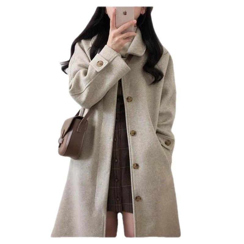 Studenten Wollmantel für Damen, mittellang, Herbst und Winter Koreanischer Stil, locker und figurschmeichelnd, verdickter knielanger Wollmantel