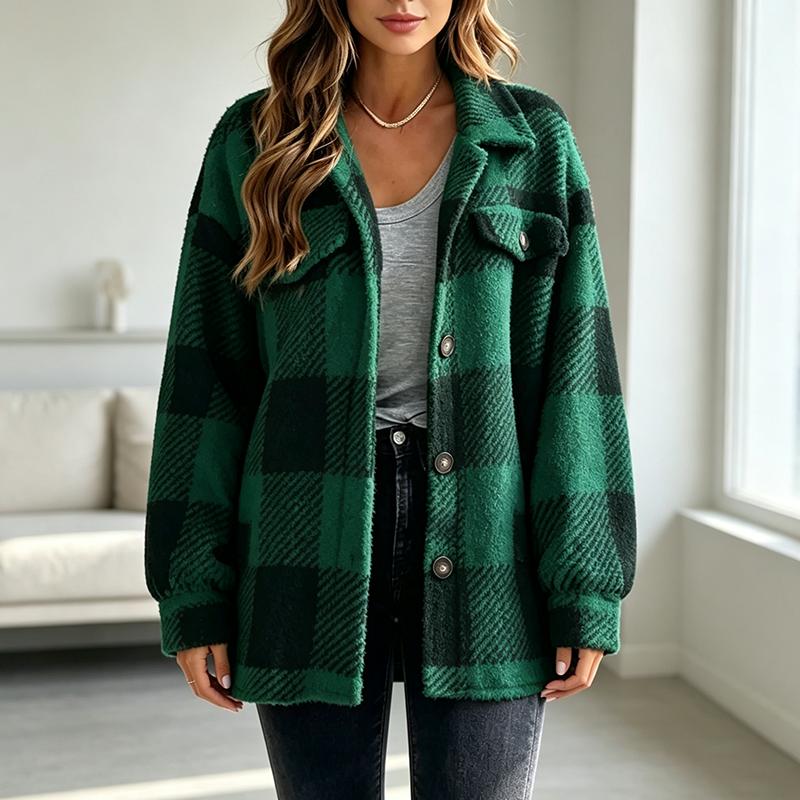 Women Autumn Winter Long Sleeve Plus Size Plaid Fleece Shacket Faux Pocket Coat