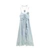 Coffee Break French Seaside Vacation Beach Blue Suspender Dress Women's Summer High-end Temperament Waist Long Skirt