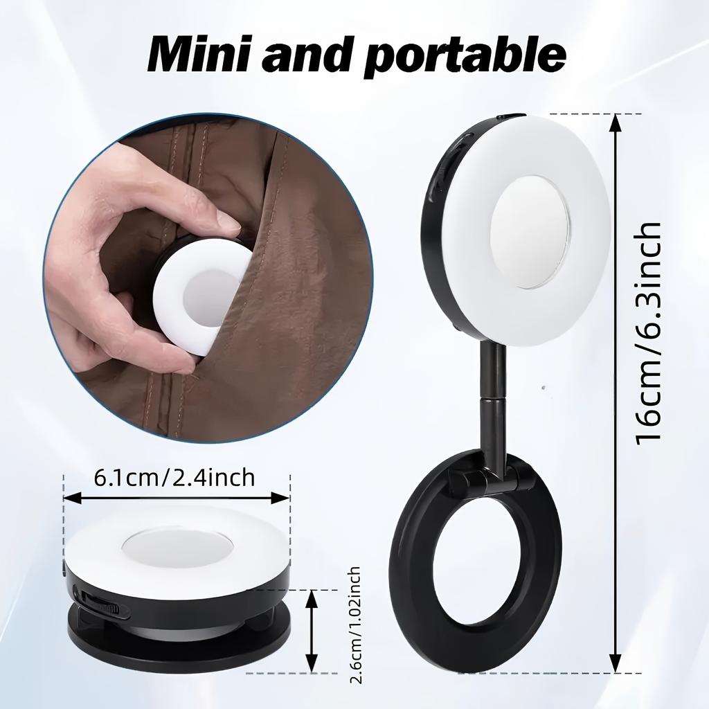 Magnetic Selfie Light, iPhone MagSafe-Compatible Phone Light. 360° LED Selfie Ring Fill Light with Foldable Stand and Mirror