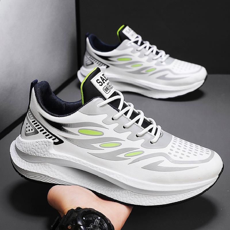 Men's Versatile Casual Leather Surface Waterproof Youth Running Anti Slip Shock-absorbing Sports Height Increasing White Dad Shoes