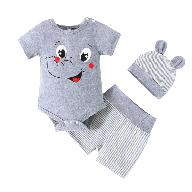 

3 шт./компл., летние шорты для маленьких мальчиков, наряды с короткими рукавами, милый боди с принтом слона, комбинезон + полосатые шорты + шапка, комплект повседневной одежды, От 0 до 12 месяцев 100