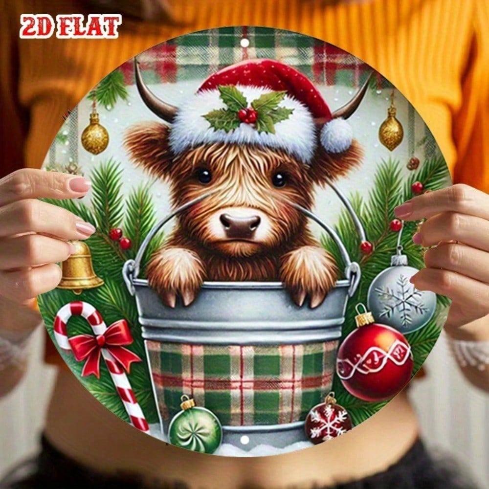 Rustic Scottish Highland Cow Metal Wall Art Round Plaque Farmhouse Decor 7.8 Inch