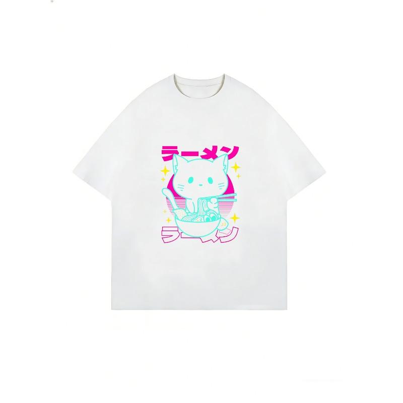 Urocza koszulka z kotem i ramenem biała kawaii kot jedzący makaron z japońskim tekstem i wzorem gwiazd do noszenia na co dzień