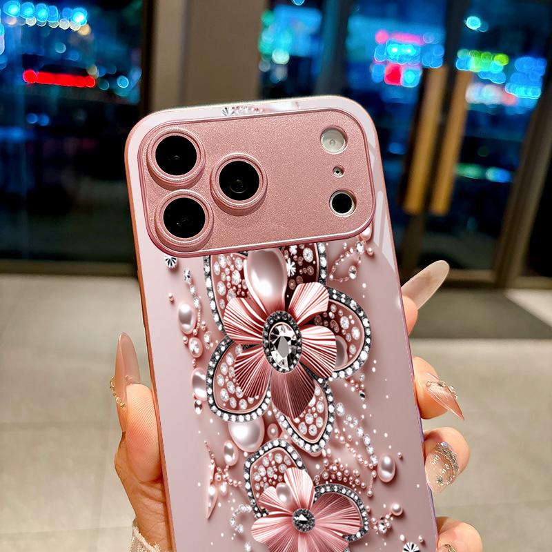 Rose Gold Jewel Bloom Pink Metallic Glass Phone Case For iPhone 11 12 13 14 15 16 17 Pro Max Plus 17Air 16E 7 8 XsMax Back Cover