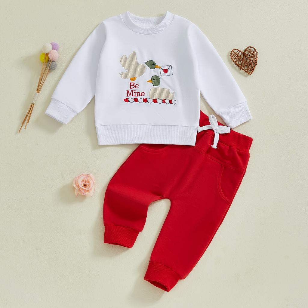 Baby Valentinstags-Outfit Entenstickerei Langarm-Sweatshirt und Elastische Hose Set für Neugeborene Säuglingskleidung