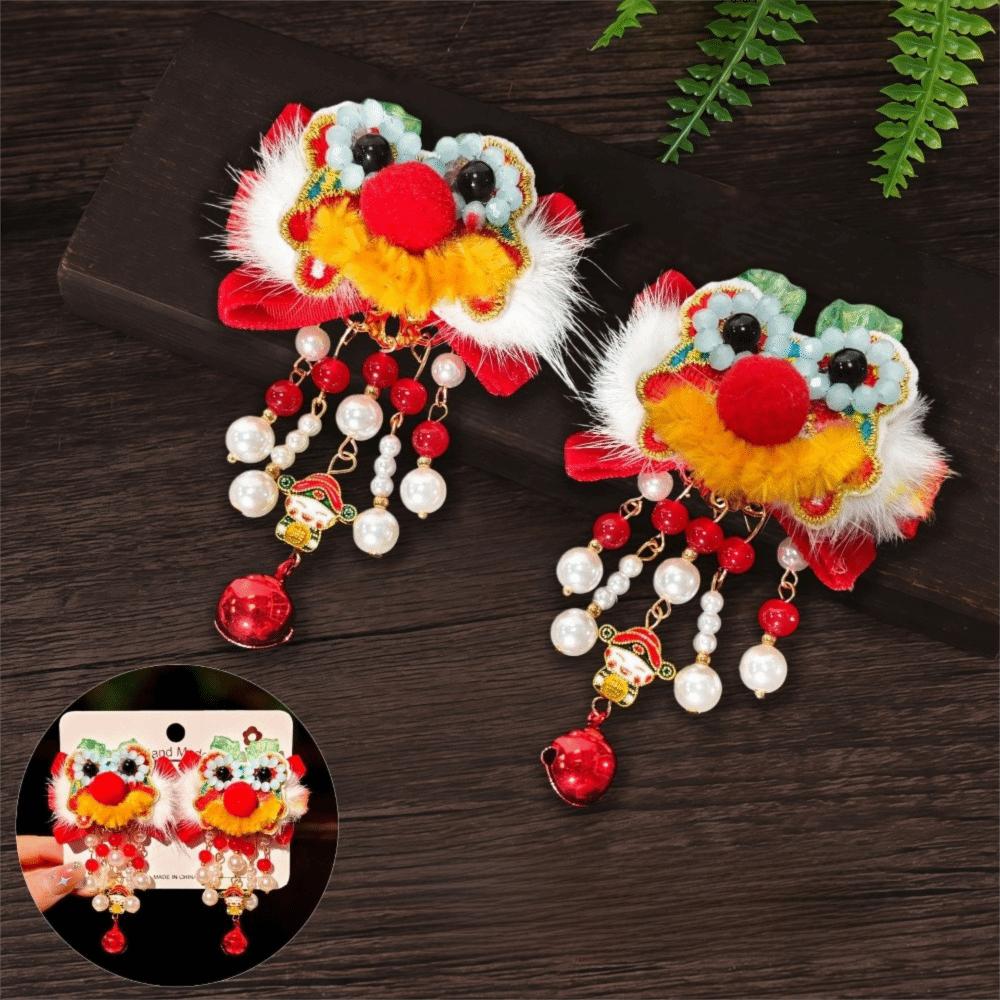 1 Pair Flower Hanfu Red Hair Clips Pearl Bow Tassel Hairpin New Year Headwear  Children