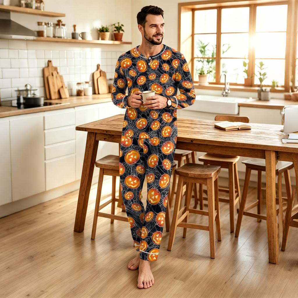 Men's Halloween Print Loose Fit Pajama Set for Casual Sleepwear