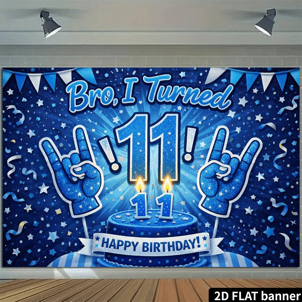 2D vlak 11e verjaardagsfeest achtergronddoek, glinsterende blauwe taart, rock thema