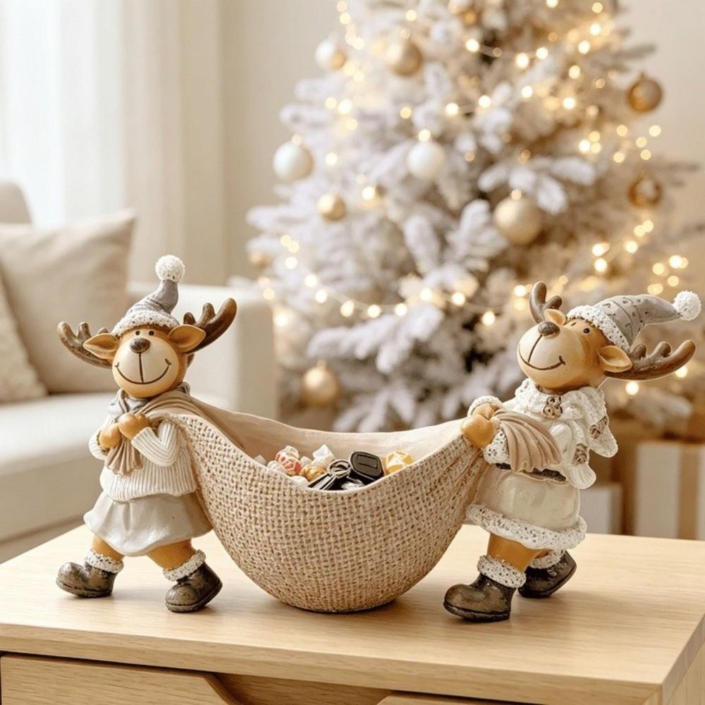 Resin Xmas Elk Decorative Bowl Cute Reindeer Ornament Jewelry Storage Tray Home Decoration