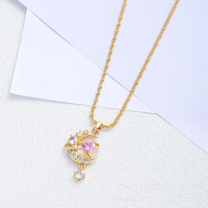 Collier Amour de Lune pour Femmes Sens Premium Simple Polyvalent Pendentif Zircon Rose Incrusté Accessoires