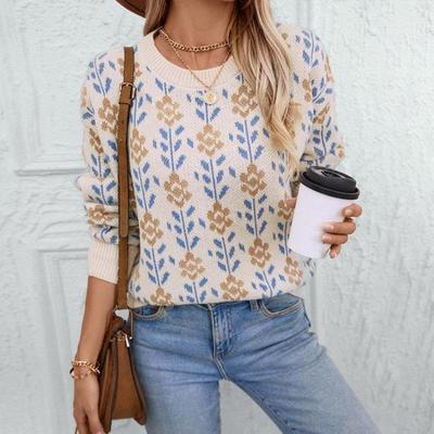 Loose Knitwear Vintage Autumn Winter Sweater Long Sleeve O-Neck Pullover Print Top