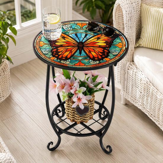 Huaqianguhh Outdoor Side Table, Round Small Mosaic Bird Butterfly Patio Accent, Indoor End Plant Coffee Tea Table for Yard Porch Garden Living