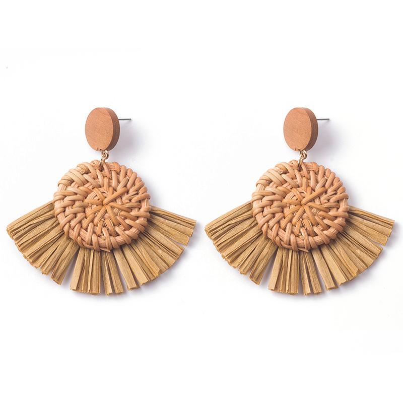 Hand-Woven Geometric Rattan Raffia Earrings, Retro Resort Fan Stud Earrings, Earrings For Women
