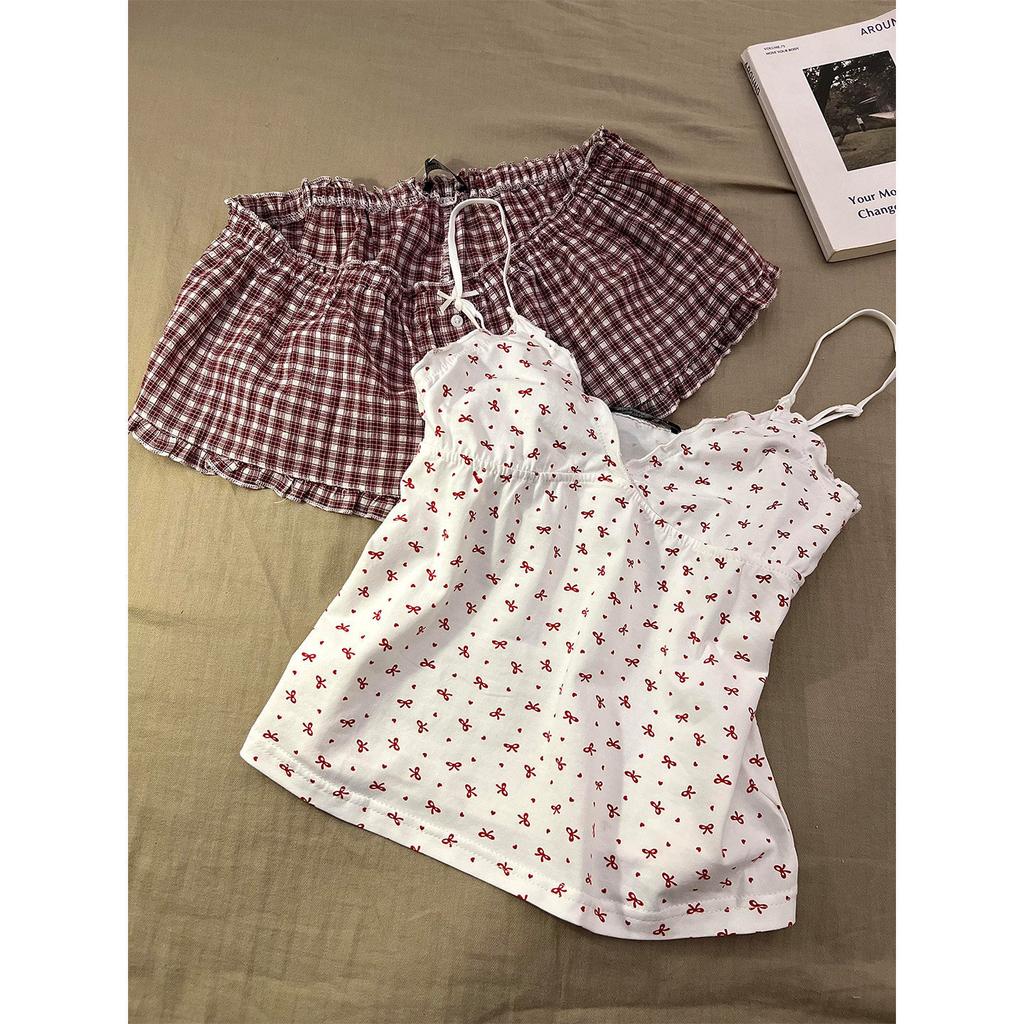Sweet girl small floral suspender pajamas women's 1011 summer new plaid shorts set large size loungewear women