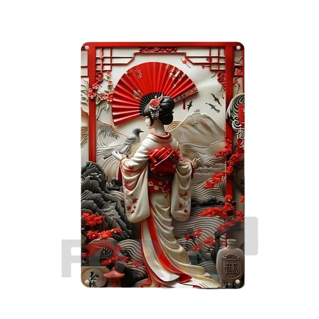 2D Japanisches Kunstposter Kimono Kirschblüten, elegantes Retro Geisha Metallschild, Zuhause, Zimmer, Büro, Izakaya, Café, Studio Wanddekor