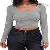Womens Square Neck Ribbed Knit Long Sleeve Crop Top Casual Solid Color Fitted Blouse