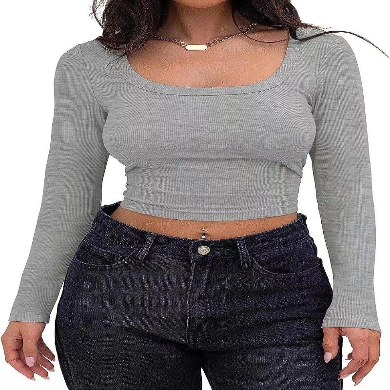 Womens Square Neck Ribbed Knit Long Sleeve Crop Top Casual Solid Color Fitted Blouse
