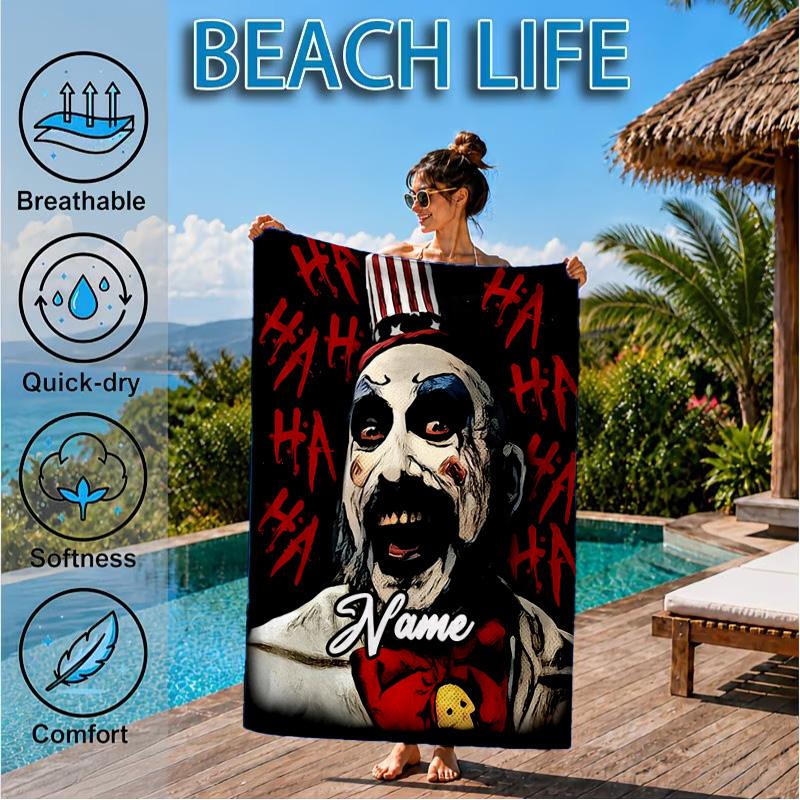Custom Name Horror Clown Artwork Heart In Space Adventure Microfiber Beach Towel, Lightweight for Summer Travel, Swimming Pool Fan Gift