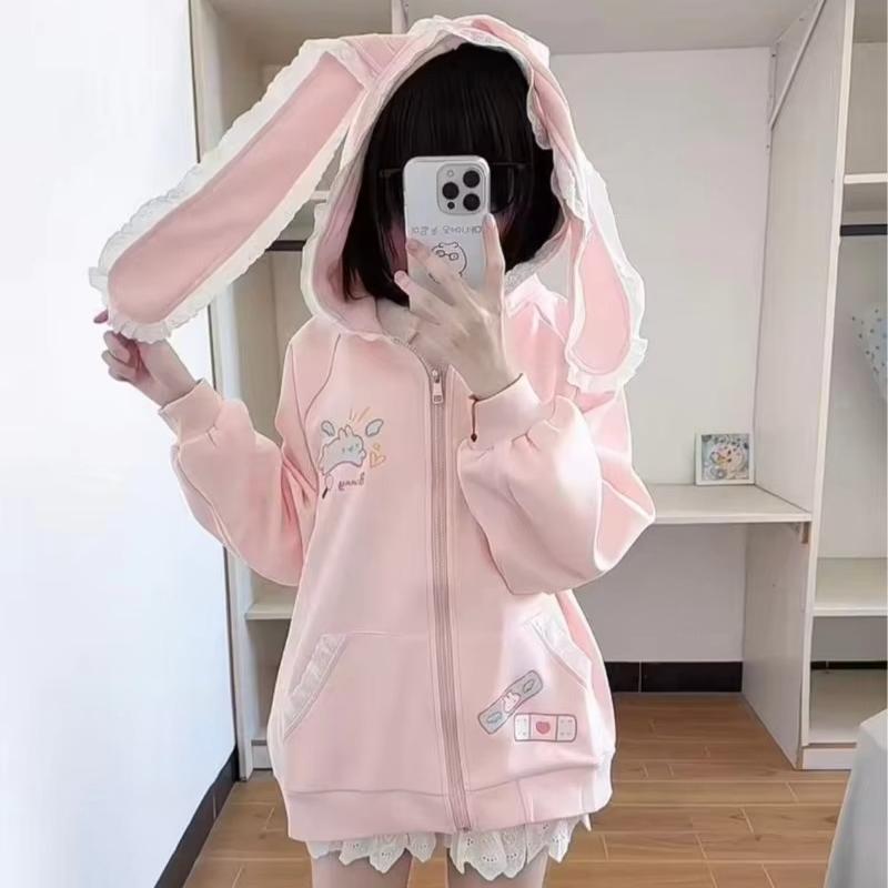 Schattige Konijnenoren Hoodie Dames Kawaii Konijn Print Sweatshirt Lente Herfst Y2K Kant Konijnenoor Capuchon Jas Roze Lolita Meisje Jas